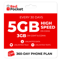 Deals on 360-Day Red Pocket Prepaid Plan: Unlimited Talk & Text w/5GB GSMA Data/Mo